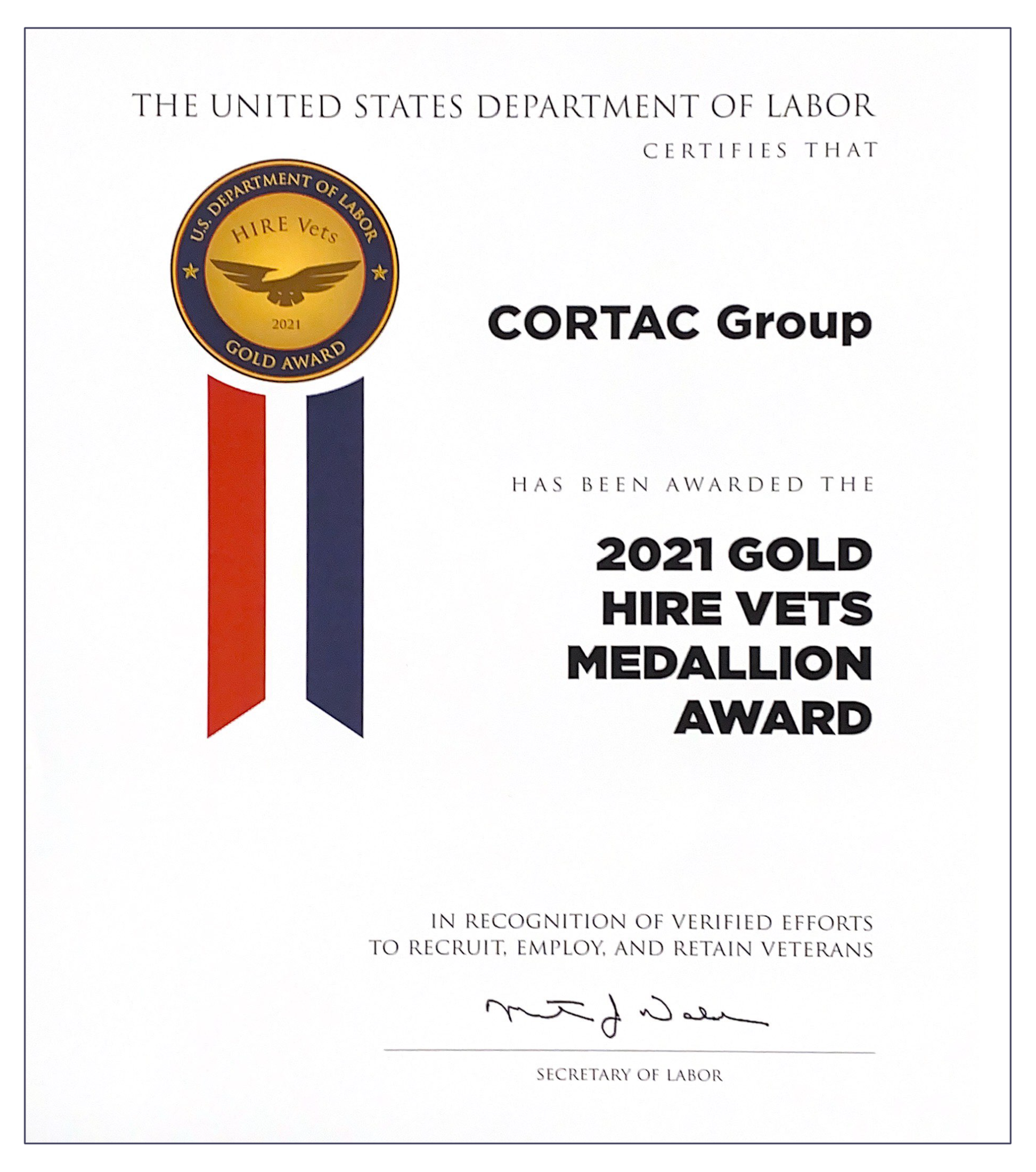 CORTAC Group presented with 2021 Gold Hire Vets Medallion Award by U.S. Department of Labor